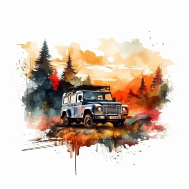 water color offroad floral advventure car 4*4 vehicle truck between high mountains and trees, vivid colors, sunset, clipart, hd, white background