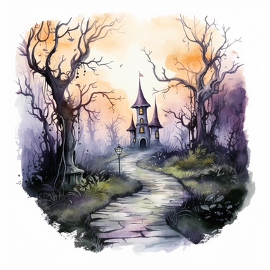isolated illustration of a fantasy haunted path, eerie vibe, whimsical colors, watercolor illustration, high resolution clipart, isolated on white background