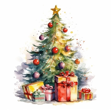 watercolor style, christmas tree with presents clipart, isolated on white background, 4K