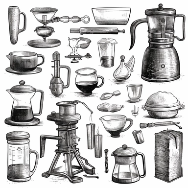 Alternative coffee brewing methods and tools cliparts. Set of coffee machine, hario, utensils, french press, moka, cup, kettle icon. Hand drawn isolated elements for cafe, menu, coffee shop
