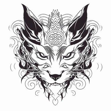 clipart, tattoo, line art, black and white, alpha, devil animal lord anime style sticker, solid white background , vector art