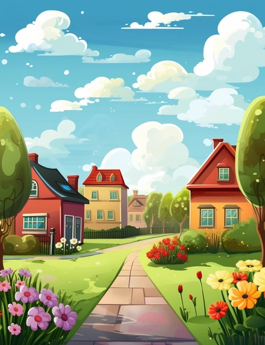 a neighborhood with simple houses, green grass, flowers, cartoon style clip art for kids