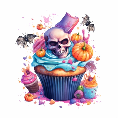 delicious Halloween cupcake with vibrant pink and blue, colours, witches hats, skulls, spiders and bats, pumpkins and candy confetti, owatercolour illustration clipart, extremely detailed, 4k, high quality, isolated on white background