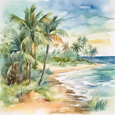 a luch tropical beach scene featuring an ocean cay surrounded by palm trees and lush vegetation in watercolor with warm pastel colors of blue and green for clipart