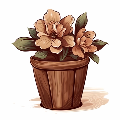 brown Flower inside a brown wood Pot Clipart in the style of oil painting, clean lines on a white background