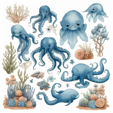 Octopus Clipart Cute Octopus, Sea Creature, Ocean Animals, Kids Sea Creatures, Octopus Nursery Decor, with blue air bubbles and sea anemones and sea plants