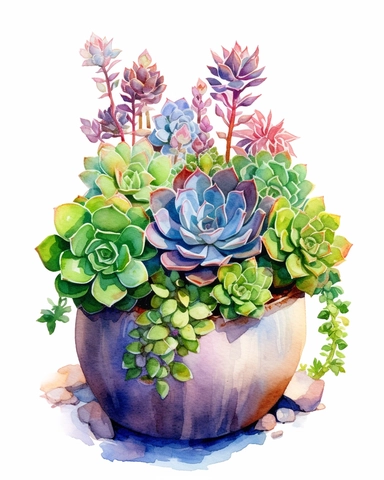 Succulents in pot Watercolor Cliparts Illustrations isolated on white background “Photorealism” taken with macro lens 100 mm on a full-frame camera