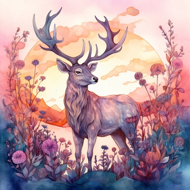 watercolor, hyper realistic, white background, white margins, 16k, ultra detailed clipart, cut out image, hand-drawn illustration style for picture books A magical deer with antlers made of branches and leaves, standing in a bed of blue and purple flowers with a pink sunset sky in the background.