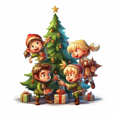 clipart digital svg cartoon of elves decorating the Christmas tree with the family, on a whte background no shadow