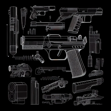 a contour clip art illustration isolated with grey color on black background of guns, ammunition, bullets etc., no artistic looking clip arts, technical looking cliparts, thin contours