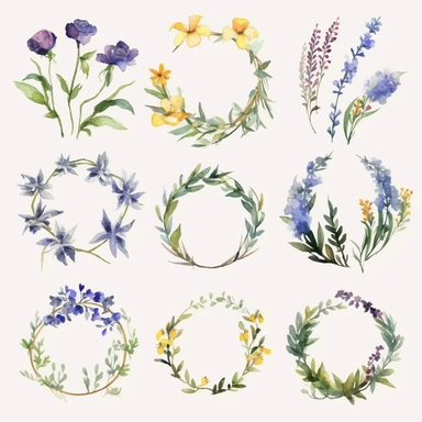 A delightful and captivating collection of watercolor wildflower floral botanical wreaths for clipart, featuring hand-painted wildflowers arranged in elegant circular designs. Each wreath showcases an array of different wildflowers, such as daisies, poppies, and bluebells, in soft, natural hues that blend harmoniously to create a dreamy, ethereal atmosphere. The artist's attention to detail and skill in the watercolor medium are evident in the delicate petals, leaves, and stems. These enchanting