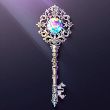 A mesmerizing clipart showcasing a legendary fairy tale tool: a shimmering and ornate key of wondrous proportions. The key should possess intricate details, such as delicate engravings depicting mythical creatures or symbols of magic. Its handle should be crafted from a rare and iridescent material, radiating an ethereal glow. The teeth of the key should be intricate and unique, as if they hold the secrets to unlocking mystical realms. Place the key against a pristine white background