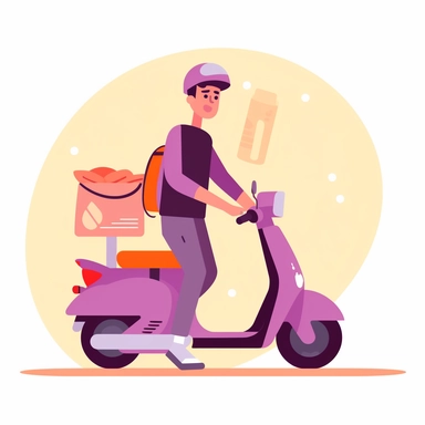 vector design, moped food delivery man, flat modern illustration, clipart, very simple picture, white background, soft gradient transition, in the style of warm color palette, natural pastel colors, object portraiture specialist, uniformly staged images, animated illustrations