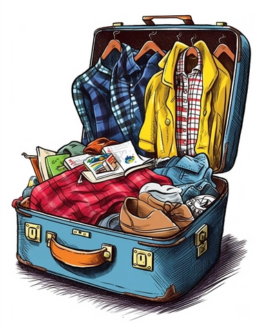 open suitcase overflowing with clothes, clip art, white background