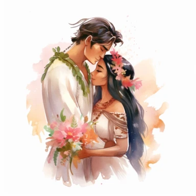 Asian bride and Indigenous groom, sharing a tender embrace, loving and serene, watercolor, Pixar style, Clipart on a white background.
