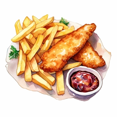 A delightful watercolor, hyper - realistic clipart image with a white background and white margins, showcasing a plate of crispy fish and chips. The ultra - detailed, hand - drawn elements capture the golden batter and tender fish. Use whimsical touches to add a sense of freshness, and bold shades of yellow and brown to evoke the comforting and satisfying nature of this classic fast food dish