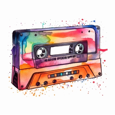 watercolor clipart of a cassette tape, retro, white background