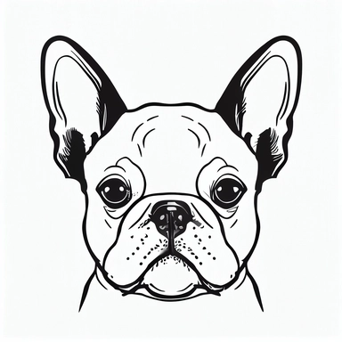 Simple outline of a front facing French Bulldog head, kids cartoon, minimalist, black on white, lineart, 2d flat file, silhouette, clipart, svg
