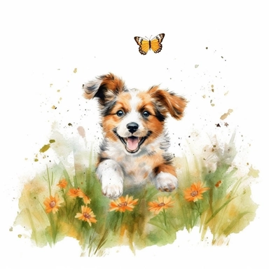 watercolor clipart with white background, puppy playing in meadow chasing butterflies, cute and adorable, clearly defined separate image, high quality--ar3:4-no mockups, watermarks, numbers, writing, letters--q2--v5.1--s1000