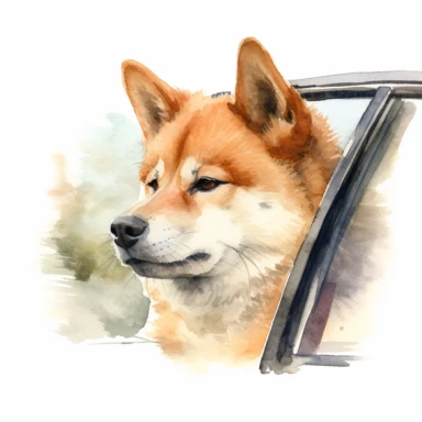 close up high detailed, Hand drawn watercolor clipart of shiba inu looking outside a moving car window, on a pure white background for background removal, no shadow, no paint splash