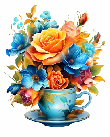 Vintage Flowers Tea Cup and Pot 3d sublimation Clipart, blue-green cup, shine a little, colorful Flower, Retro Flower, Rainbow Color, highly detailed, white background 8k