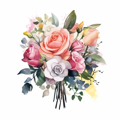 watercolor painted bouquet of mixed colored roses clipart, Flower Border clipart, Minimalist Flower Bouquet clipart, mixed colored roses Clipart roses painting formal glamour elegant style wedding floral bouquet, wedding clipart include babys breath flowers in the bouquet 4