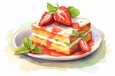 picturesque,a bright simple strawberry sponge cake on dish in family restaurant, mint, clipart on white background, watercolor style,detailing, high quality, painted by Beatrix Potter, 8k