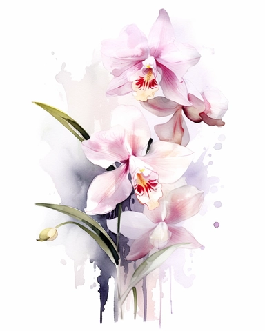 watercolor sketch of an orchid and white flower composition, Carnation pink and champagne pink, clipart, clean and simple design, realistic color scheme, high-contrast image, white background, long exposure style,