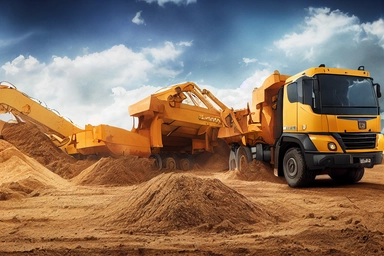 Watercolor clipart with construction machines dump truck, motor grader, wheel loader, pile of earth, cloud .highly detailed, realistic, photo realistic, octane render, 4K, 8K, UHD, hyper detailed