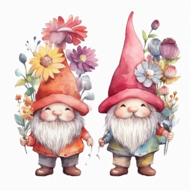 semi-cartoon style hand drawn watercolour clipart set of 2 cute gnomes with large bulbous noses in bright boho colors holding boho style flowers, white background, 300 dpi, high quality digital art suitable for printing, spaced apart