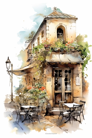 clipart, Watercolor painting, As the gentle breeze carries the faint scent of freshly brewed coffee, you find yourself captivated by the scene before you. Nestled among a quaint street lined with charming buildings, a picturesque cafe comes into view. The outdoor seating area beckons with its rustic charm, adorned with wrought-iron chairs and tables adorned with vibrant potted flowers. The centerpiece of the cafe is an intriguing structure, an architectural marvel that combines classic elegance 