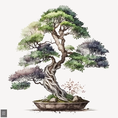 watercolor bonsai tree clipart, white background