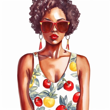 a watercolor fashion illustration on a white background of clipart of a girl with dark skin wearing a cherry print dress and yellow glasses. The dress should feature a lively pattern of bright red cherries on a white background, perfectly complementing the girl's vibrant style. Her hair should be styled in a curly afro, radiating confidence and individuality. Embrace a colorful and summery aesthetic, capturing the essence of warmth and fashion-forward attitude. The final image should be a full b