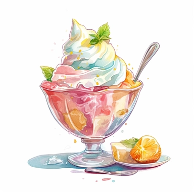 a drawing of a dessert featuring candy and whipped cream, icecream sundae, lemon, glass bowl, in the style of pastel toned, shiny/glossy, colorful fantasy realism, caffenol developing, warmcore, #screenshotsaturday, rubens, white background, isolated, free brushstrokes, watercolor illustration, clipart,