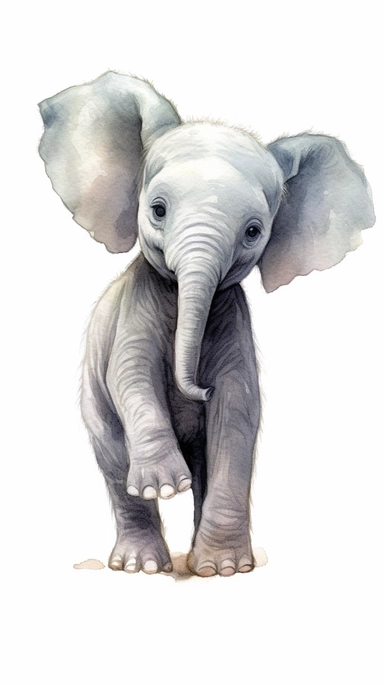 worlds cutest, adorable, realistic, life like image of a baby elephant with his trunk raised, watercolor clip art, white background ,artist rendition, sharp focus, extreme detail,