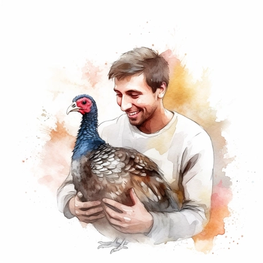 Adorable pet Turkey having happy moment with it's human owner, water color style, clipart, white background