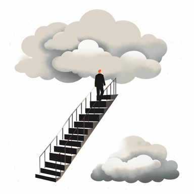 a man in business suit climbing a long staircase leading to the clouds,clipart,white background