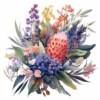 Job ID c43ad560-b297-4b98-bfbb-692d030f9e14, clipart of beautiful wild flowers with eucalyptus leaves, colorful, ornate, intricate, beautiful, soft, cute, watercolor style, hand drawn style, line art