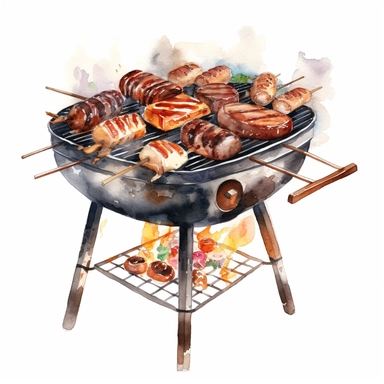 Watercolor BBQ Clipart - Barbeque grill kebab clipart , Watercolor Clipart , original hand drawing, style of the artwork, mood of the artwork, white background, 8K quality, ultra detailed , clipart, white background, High Quality, ultra detailed