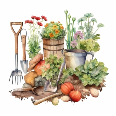 watercolor garden tools,Country farm gardening,Farmhouse decor clipart,vegetable,flower,Vintage rusty element. clip art