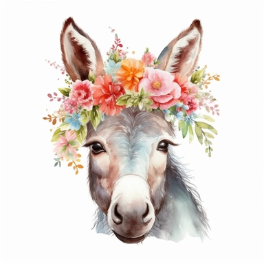 watercolor a funny donkey, wearing flowering head cover, clipart, isolated on white background, no watermark, HD