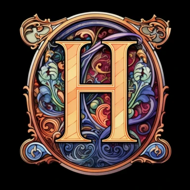 You are creating letter H in Art Nouveau illuminated initial style with clean lines and without shadows to be used as a clipart in white background