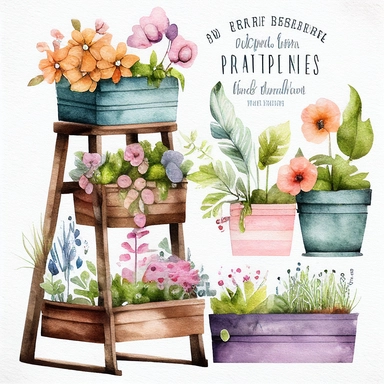 Watercolor Spring Planters Clipart - springtime cute planter boxes and garden ladders