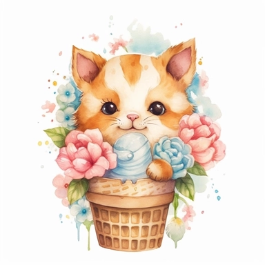 illustrations, 2d flat vector, wallpaper, Ice cream cones and cookies, cute kitten and flowers, watercolor, watercolor illustration, watercolor clipart, kawaii, cute, full Illustration, 4k, watercolor, soft lighting, watercolor style, perfect composition, perfect illustration, children's style fairy tales, Conrad Roset, Aikut Aidogdu, Agnes Cecil, flat color vector, Seamless repeating pattern, Detailed, symmetrical tiled patterns, repeating texture, repetitive and consistent