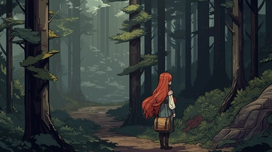 pixel art, Kelly, redhead long hair elf girl with bow hair clips and scarf, rpg maker mv, 16 bits, in the forest
