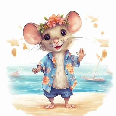 A fairytale style cute fairy baby rat wearing floral beach shirt at the beach with watercolor effect,suitable for digital clipart,white background,magical twinkles,magical scene,fairy soft colors ,summer vibes ,animation style,cartoon style