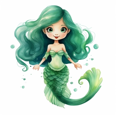 watercolor little mermaid clipart, fish tail, green tone colors, big eyes, smiling, lovely, adorable, full body, on white background