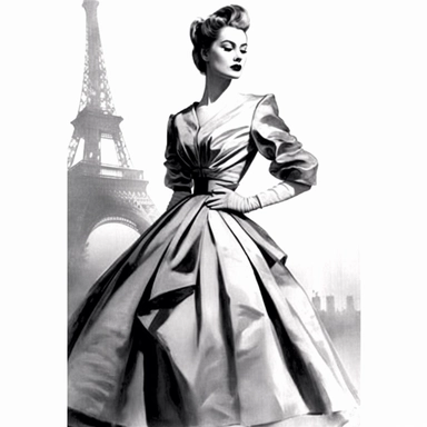 960s woman standing in beautiful dress, christian dior high fashion, clip art, black and white, illustration, watercolor,, detailed painting, very high quality, hd, spaced out ar 3:2