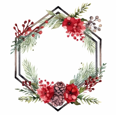 one Christma Hexagon flower frame clipart seamles ornament on a white background, in the style of watercolor landscapes, red and green, no watermark, text, 300 DPI , typography, shapes do not stick together, no text in the picture, on a white background