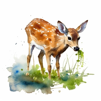 an adorable Deer eating grass in the style of watercolour clipart with detailed brush strokes